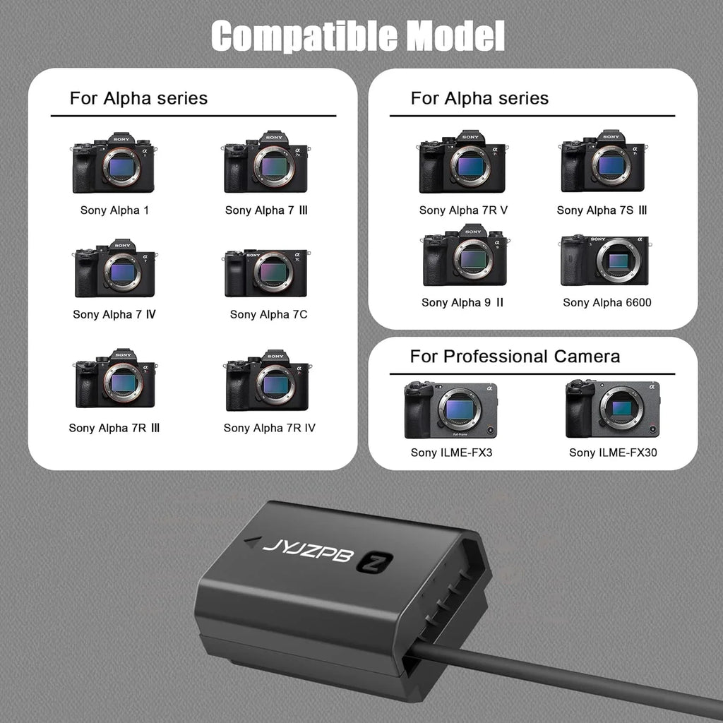 JYJZPB NP-FZ100 Dummy y AC Power Adapter Fit for Sony A7III A7IV Alpha 1 A7C FX3 FX30 A7R3 A7R III A7R V A7R IV