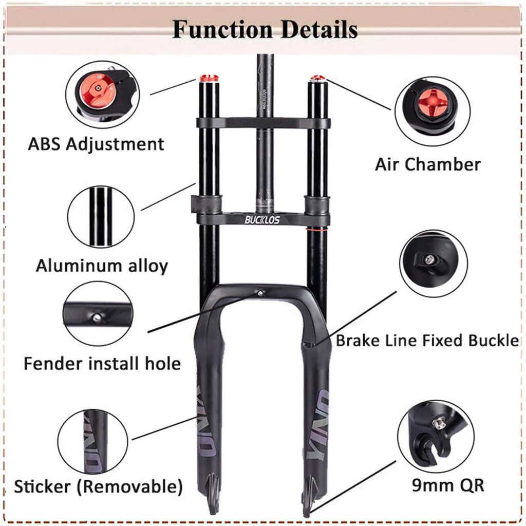 BUCKLOS 20*4.0 Fat Bike Air Fork Single/Double Shoulder 20inch Suspension Fork Disc Brake 9*135mm Snow Front Fork Bicycle Parts
