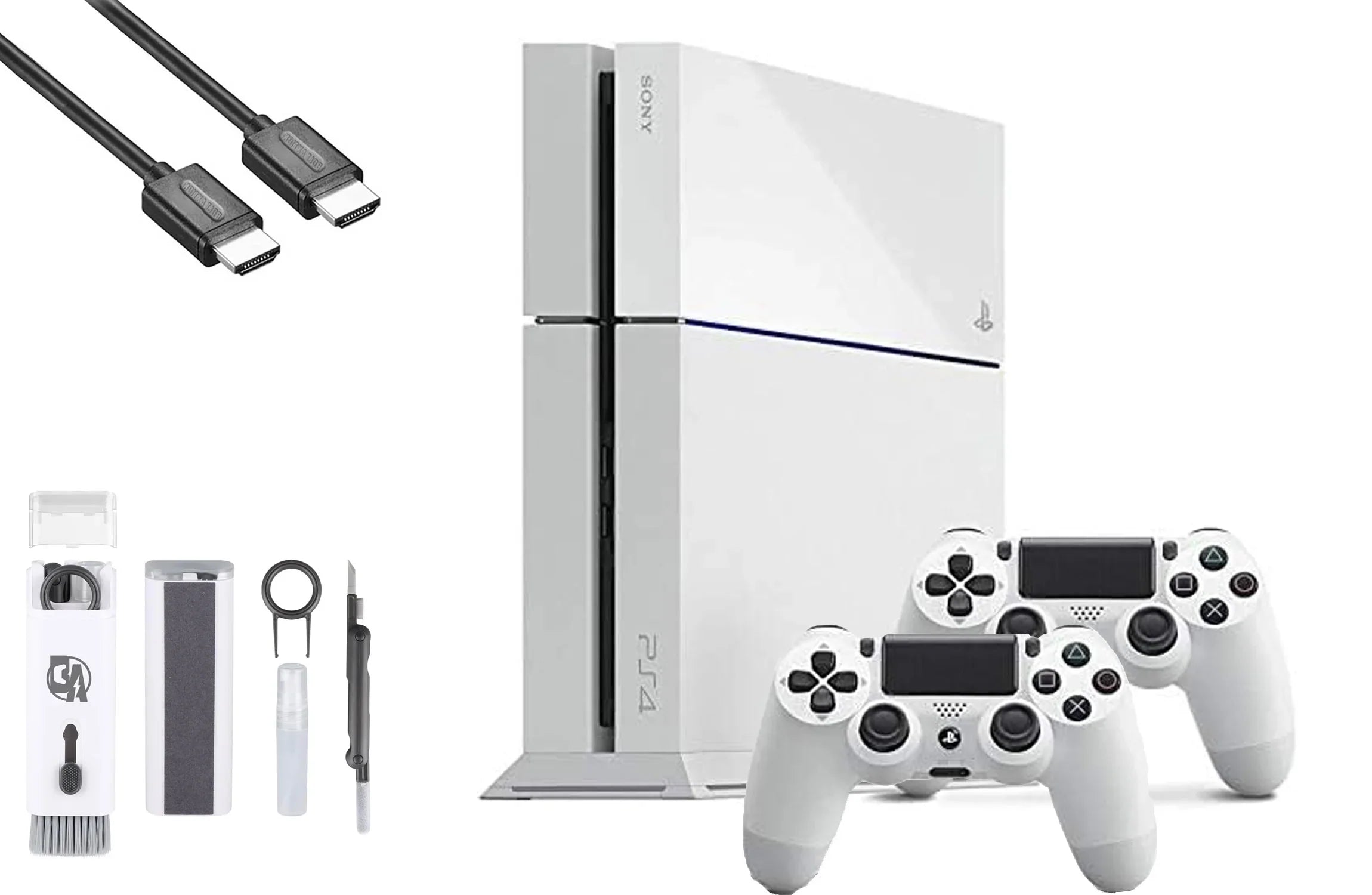 Sony PlayStation 4 500GB Gaming Console White HDMI Cable 2 Controller with BOLT AXTION Cleaning Kit Bundle Like New