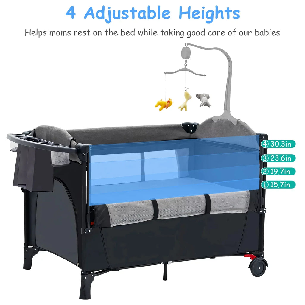 iMounTEK 6 In 1 Portable Babe Nursery Center Play Yard, Foldable Babe Crib Include Wheels, Canopy, Music Box, Toys Storage Trayand Changing