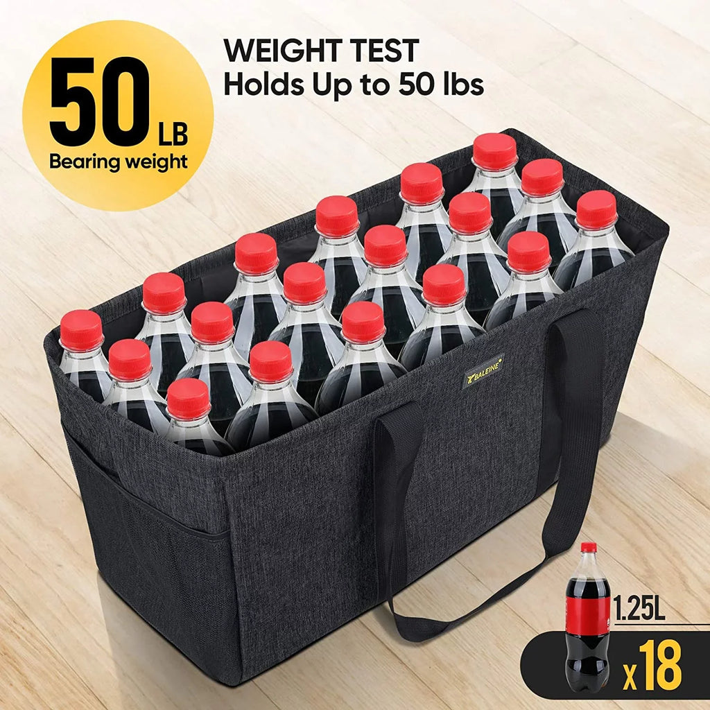 BALEINE Reusable SOFT Utility Tote with Reinforced Handles, Eco Friendly Collapsible Foldable & Washable Grocery Storage Bag, Extra Storage For Phone & Keys with Inner & Side Pockets (Black)