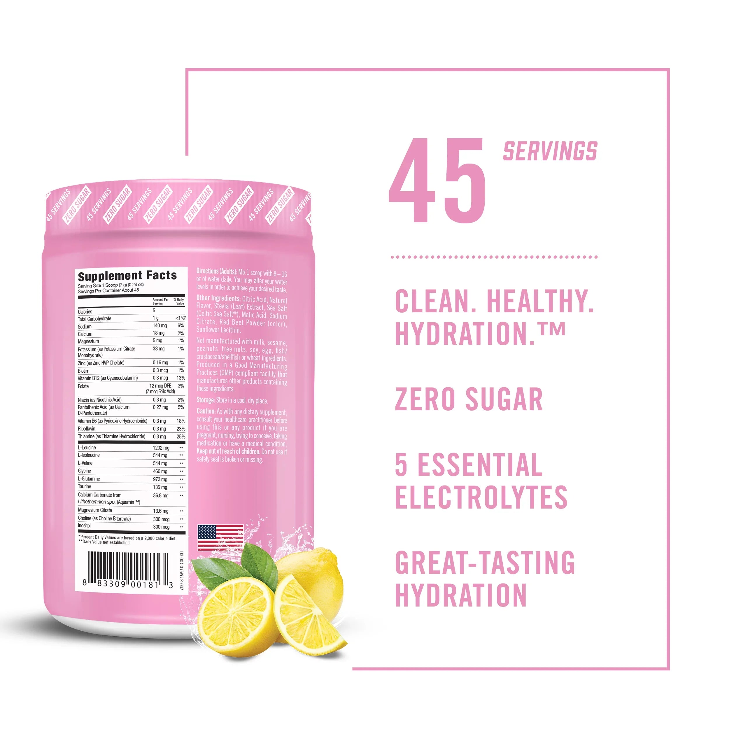 BioSteel Zero Sugar Hydration Mix, Outstanding Tasting Hydration with 5 Essential Electrolytes, Pink Lemonade Flavor, 45 Servings per Tub