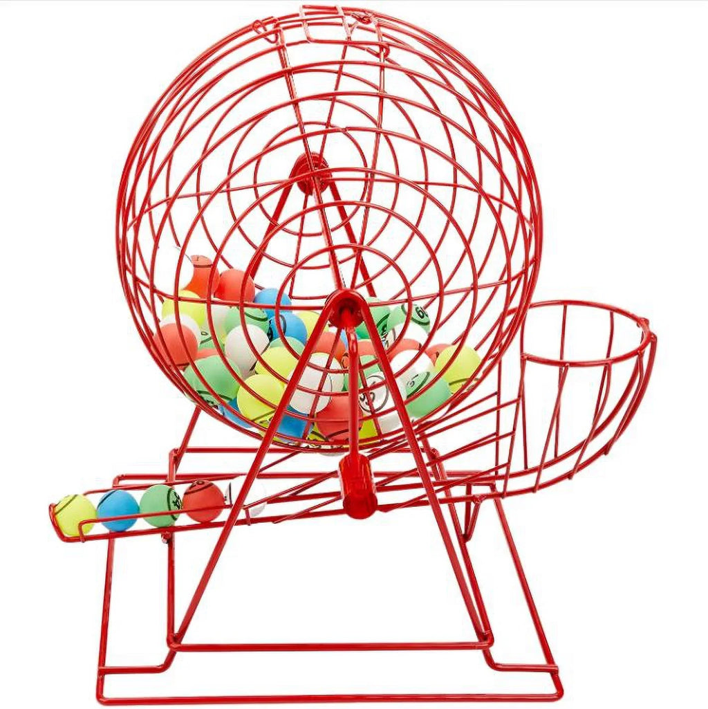 MR CHIPS Professional Bingo Game Set with Extra Large Bingo Cage (19” High), Single Sided Ping Pong Bingo Balls and Master Bingo Board – Red Cage with Acrylic Handle