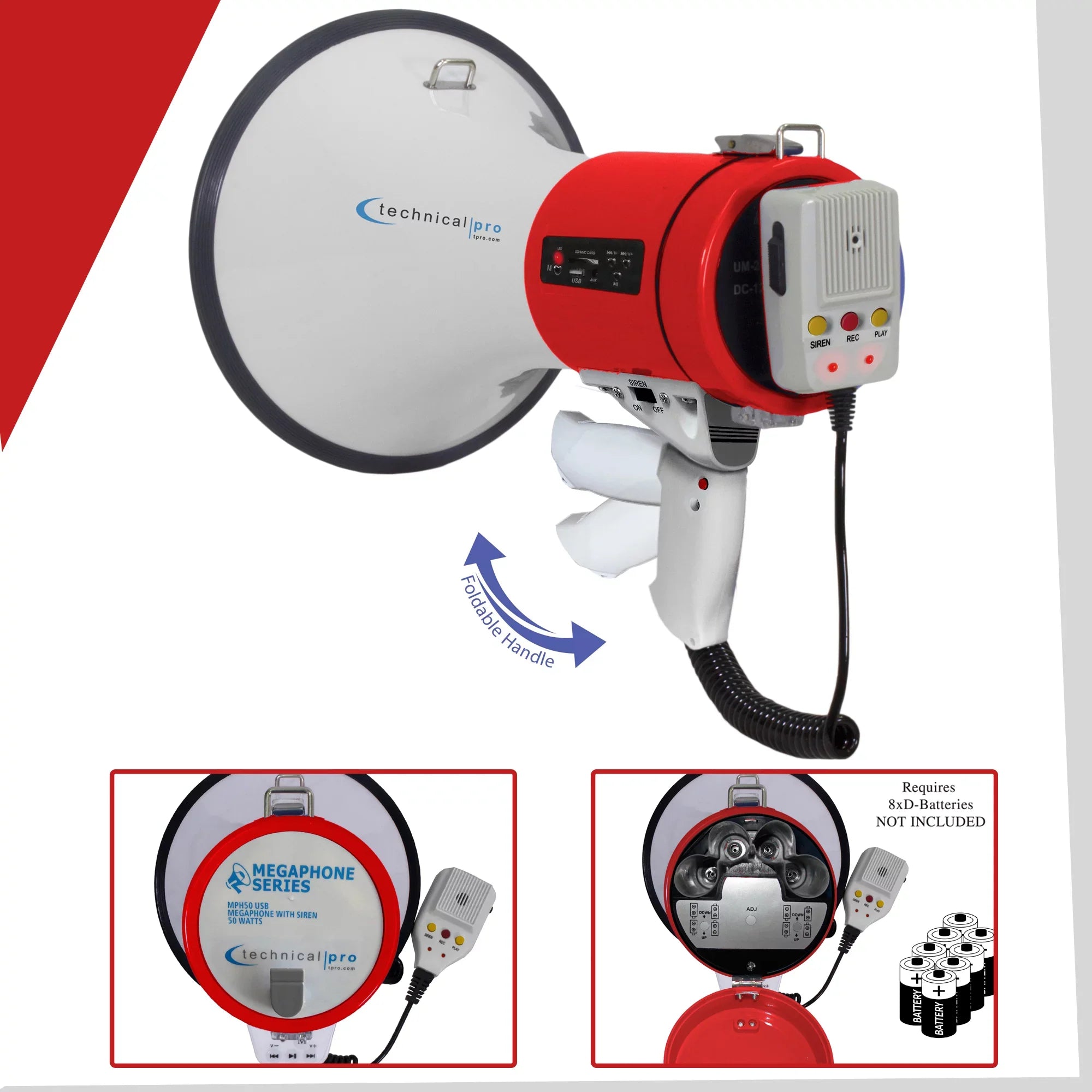 Technical Pro Portable 50-Watt Megaphone Bullhorn Speaker w/ Siren and Detachable Microphone w/ Rechargeable Battery for