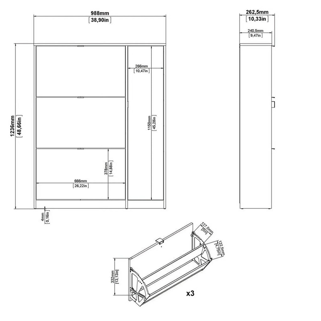 Allora 3 Drawer Shoe Cabinet & Door in Oak-White High Gloss with 2 Layers