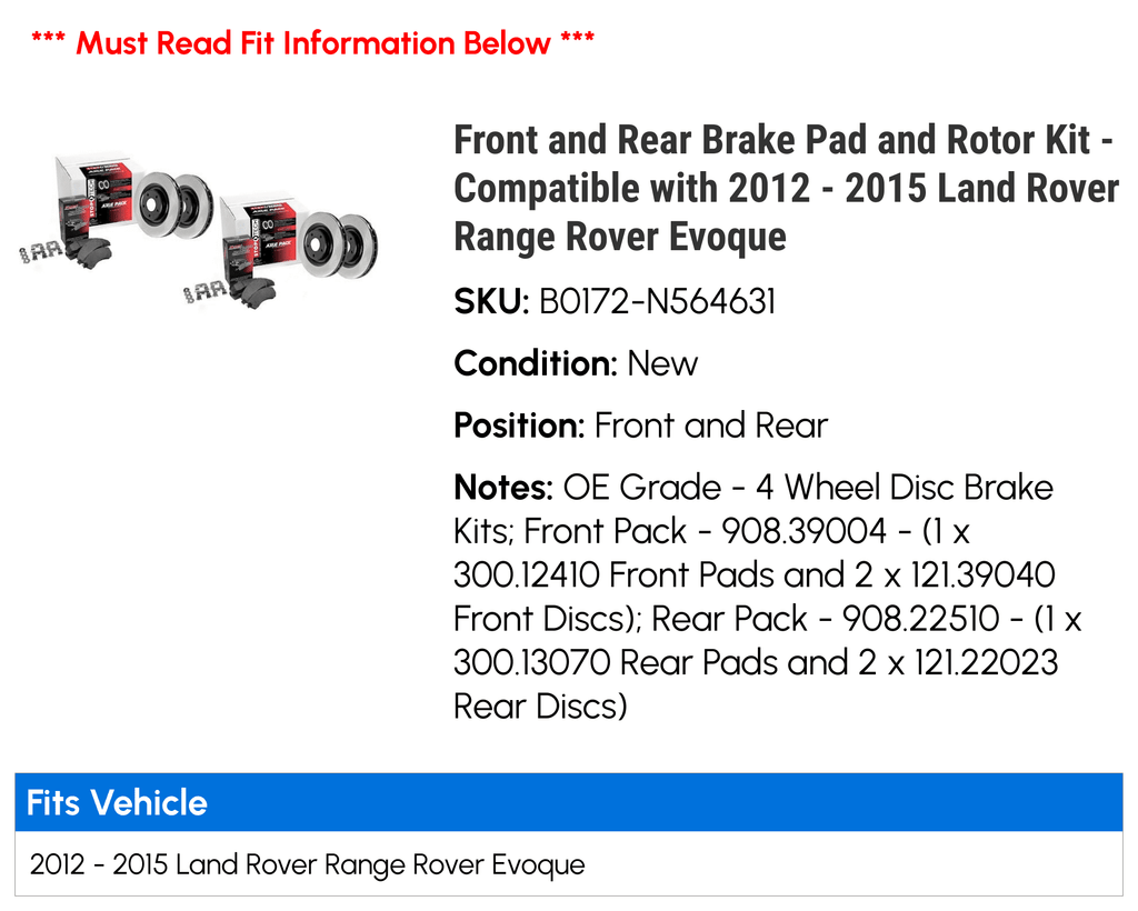 Front and Rear Brake Pad and Rotor Kit - Suitable with 2012 - 2015 Land Rover Range Rover Evoque 2013 2014