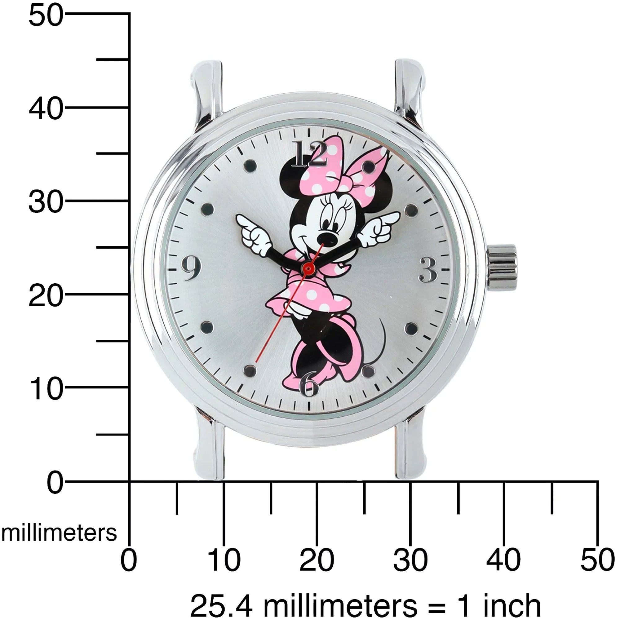 Minnie Mouse Women's Shinny Silver Vintage Articulating Alloy Case Watch, Black Leather Strap