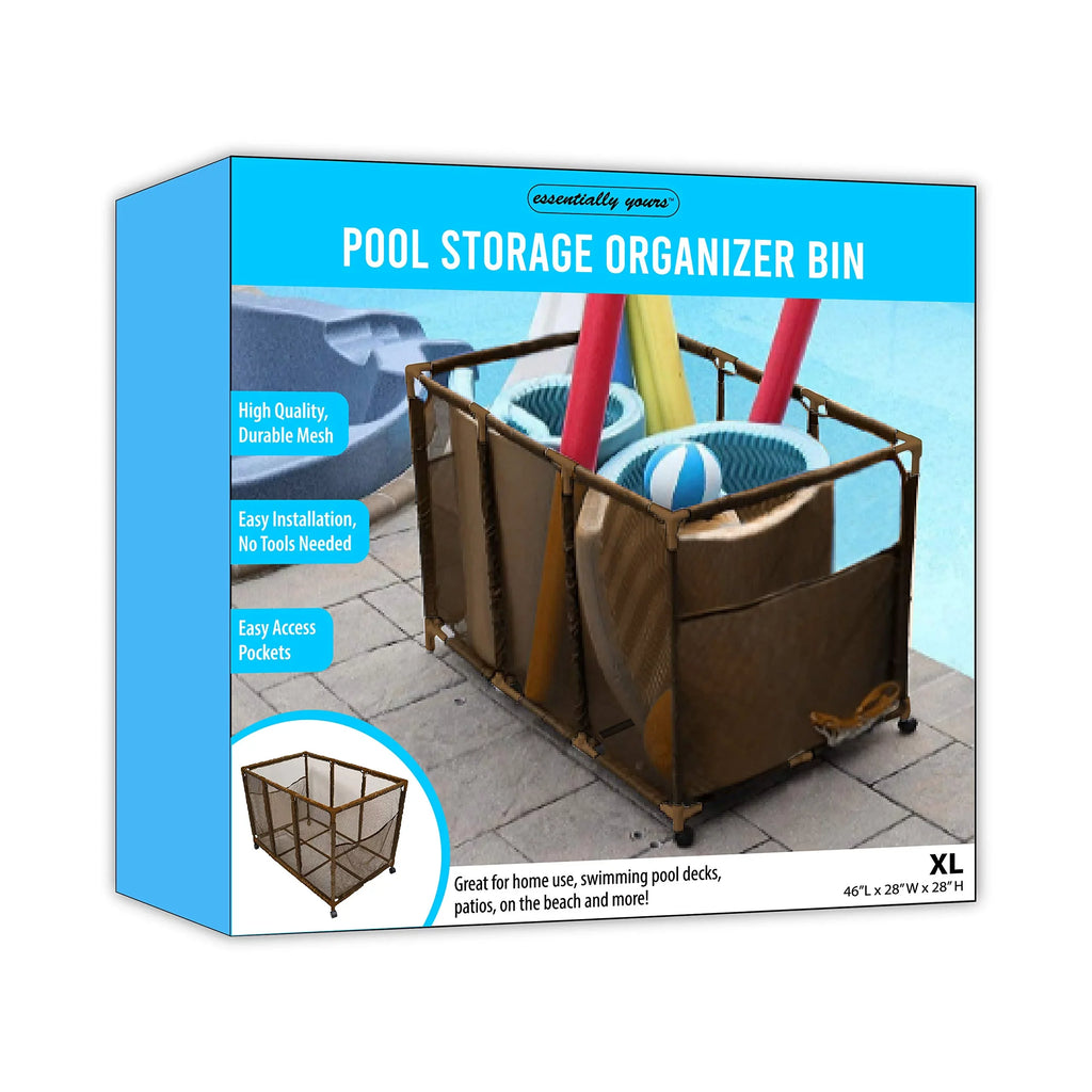 Essentially Yours Pool Noodles Holder, Toys, Balls, Floats and Equipment Mesh Rolling Storage Organizer Bin, Kids Height, Large, (43" W x 25" L x 28" H), Brown Style 563009