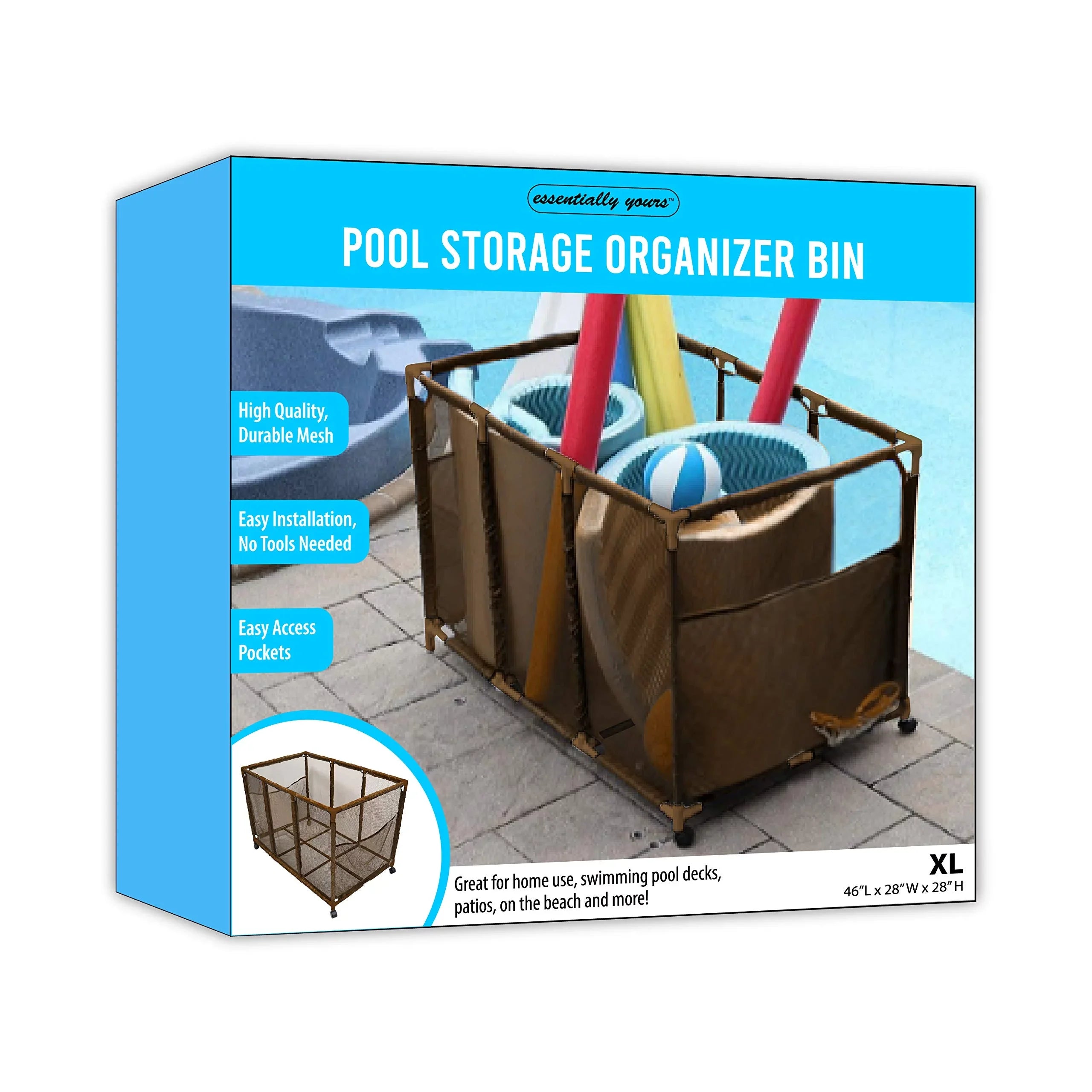 Essentially Yours Pool Noodles Holder, Toys, Balls, Floats and Equipment Mesh Rolling Storage Organizer Bin, Kids Height, Large, (43" W x 25" L x 28" H), Brown Style 563009