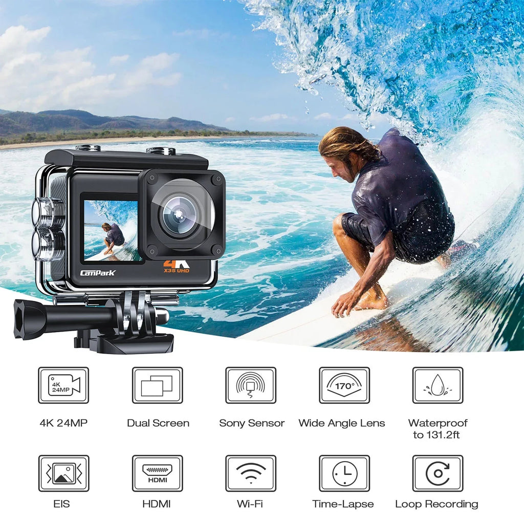 CAMPARK 4K/30FPS 24MP Dual Color Screen Action Camera Ultra HD Wifi Underwater Camera EIS 131FT Waterproof Camera 170 Degree Wide Angle