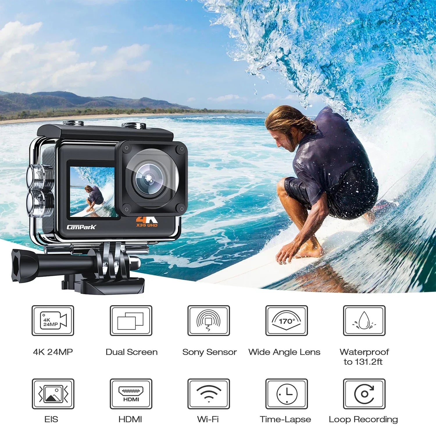 CAMPARK 4K/30FPS 24MP Dual Color Screen Action Camera Ultra HD Wifi Underwater Camera EIS 131FT Waterproof Camera 170 Degree Wide Angle