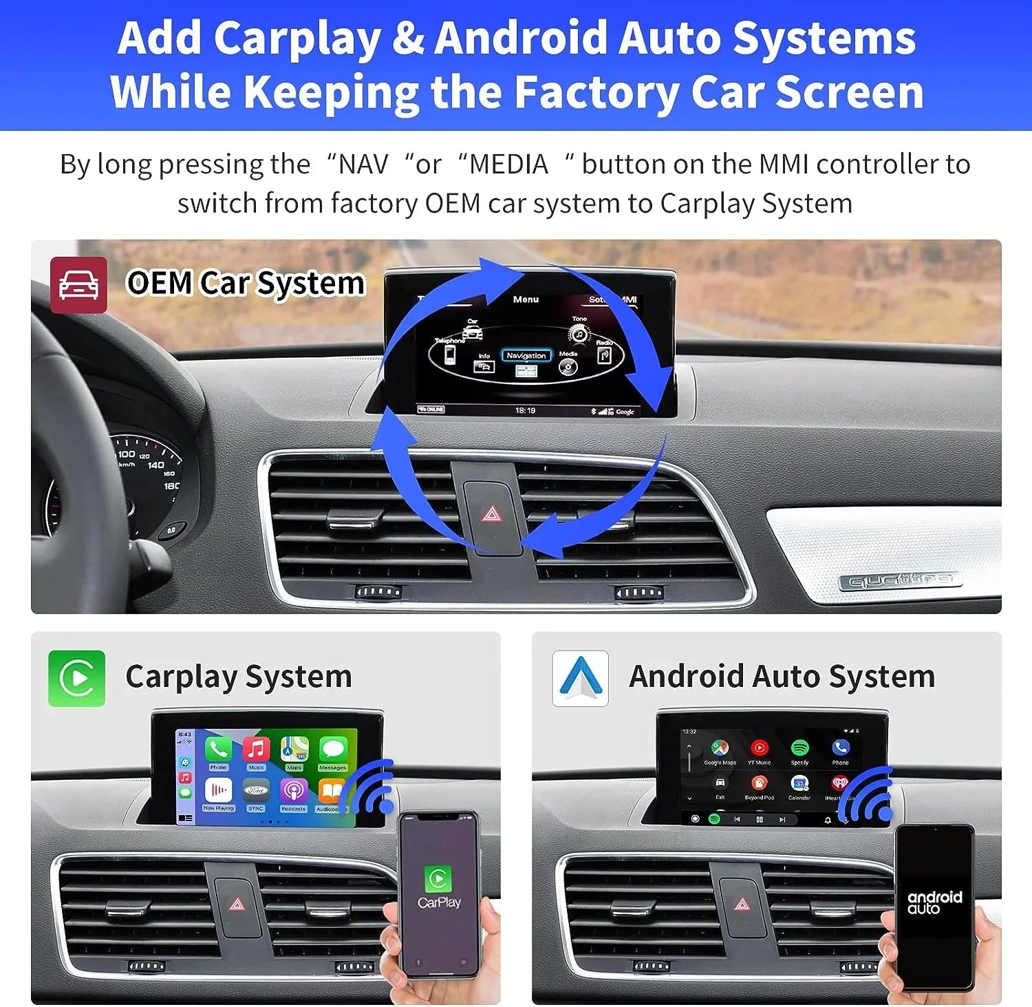 Road Top Wireless Carplay Android Auto Module for Audi Q3 2014-2018 Year with MMI 3G, (HN+ Car Software Version), Carplay Retrofit Kit Decoder, Support Mirrorlink, Camera
