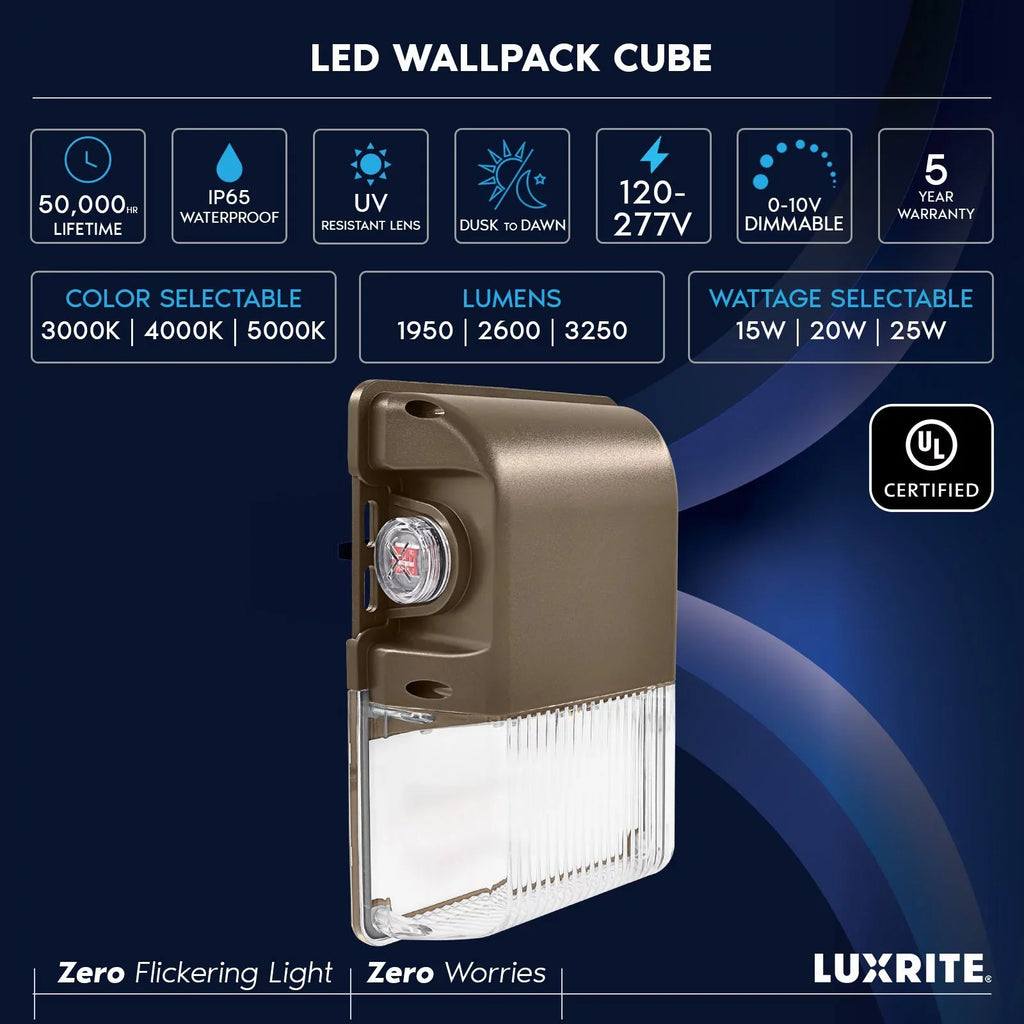 Luxrite 15/20/25W LED Wall Pack Light with Photocell, 3CCT, 1950/2600/3250LM, Dusk to Dawn, IP65, Dimmable 2-Pack