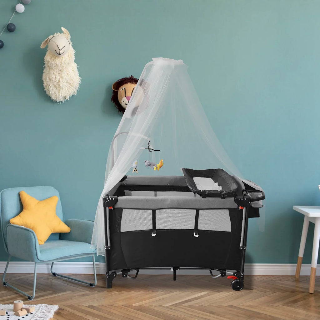 iMounTEK 6 In 1 Portable Babe Nursery Center Play Yard, Foldable Babe Crib Include Wheels, Canopy, Music Box, Toys Storage Trayand Changing