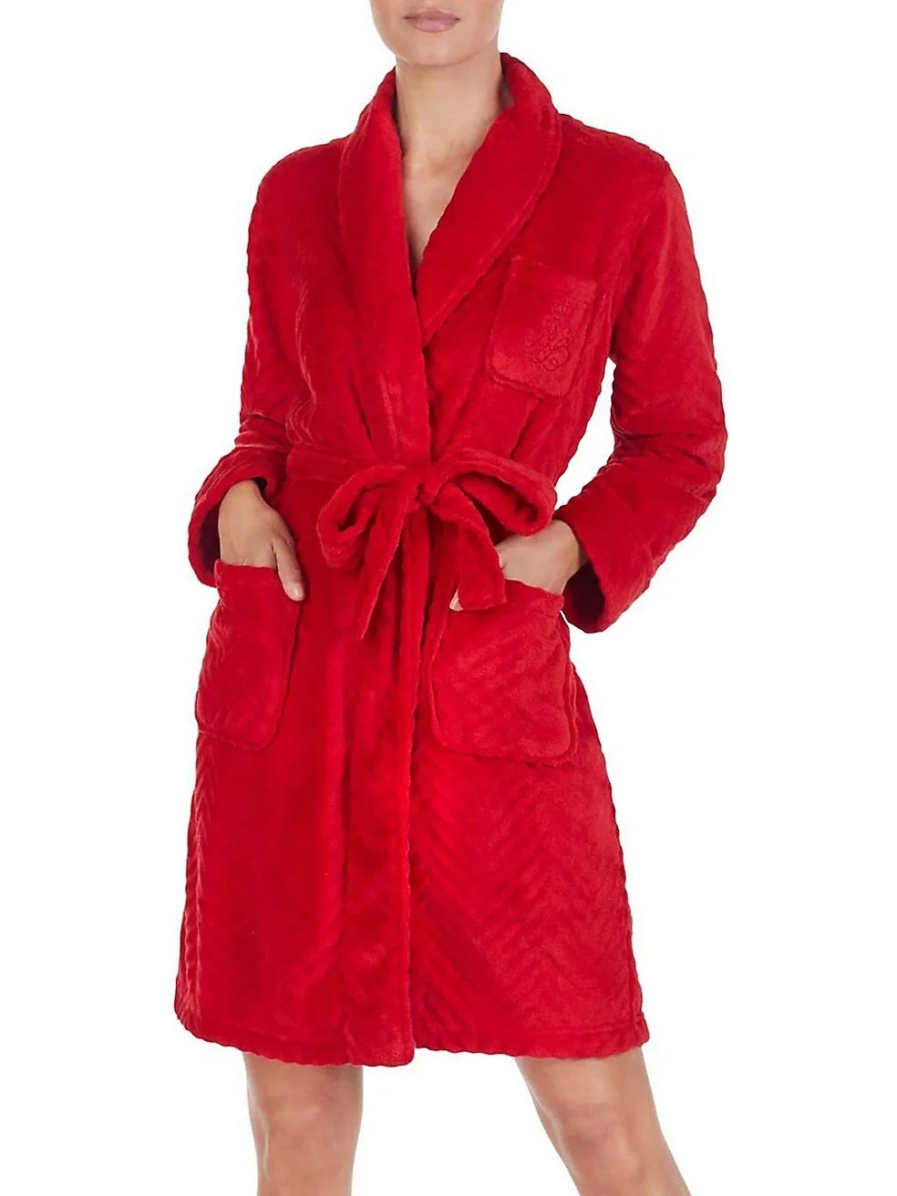 Lauren Ralph Lauren So Soft Herringbone Short Wrap Robe - Red, Size X-Small