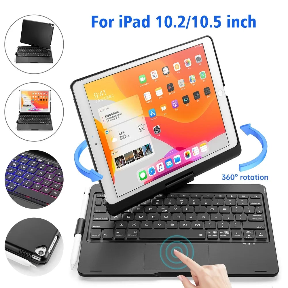 DFITO iPad Case with Keyboard, 360° Rotatable Backlit Keyboard with Pencil Holder for 10.2 inch iPad 9th Gen 2021/ 8th Gen 2020/ 7th Gen 2019 and iPad Air 3 / Pro 10.5" -Black