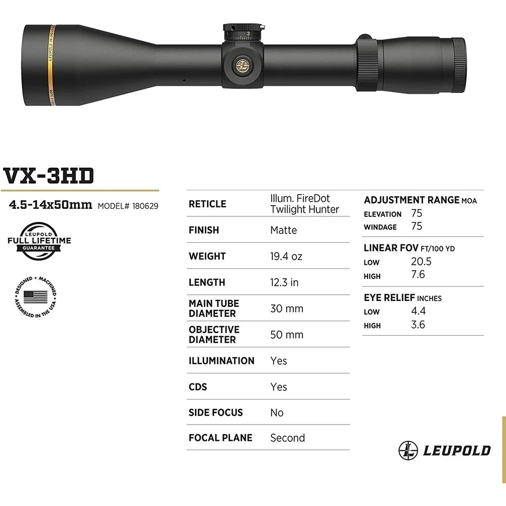 LEUPOLD VX-3HD 4.5-14x50 30mm CDS-ZL Illuminated FireDot Twilight Hunter Riflescope (180629)