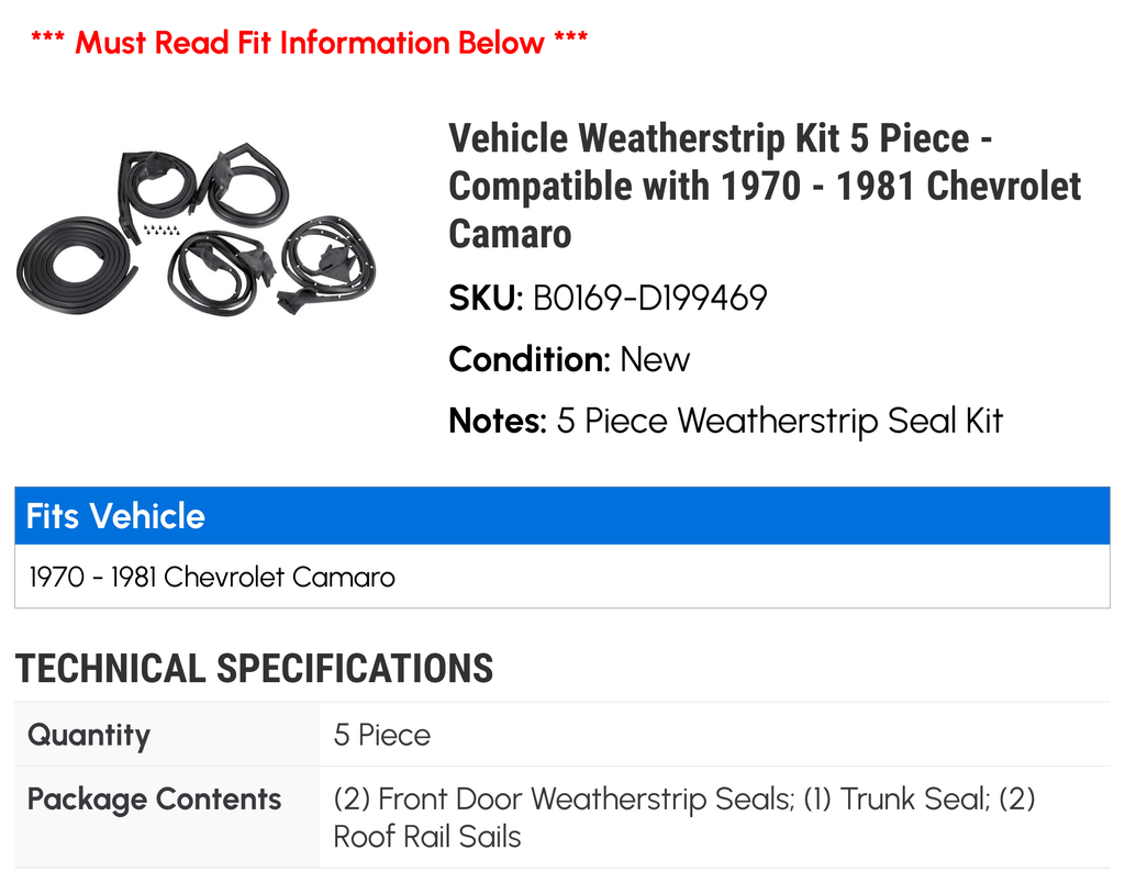 Vehicle Environment Kit 5 Piece - Suitable with 1970 - 1981 Chevy Camaro 1971 1972 1973 1974 1975 1976 1977 1978 1979 1980