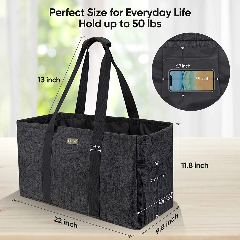 BALEINE Reusable SOFT Utility Tote with Reinforced Handles, Eco Friendly Collapsible Foldable & Washable Grocery Storage Bag, Extra Storage For Phone & Keys with Inner & Side Pockets (Black)