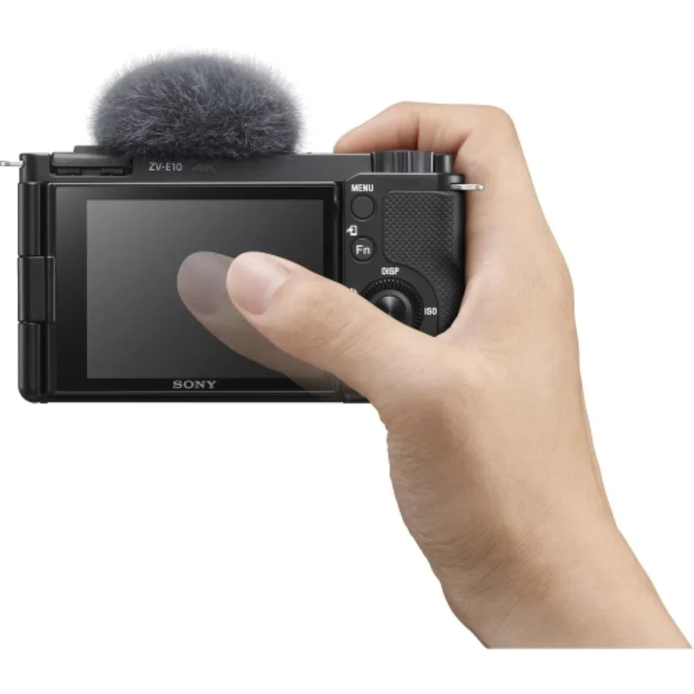 Sony ZV-E10 Mirrorless Camera |16-50mm Lens (Black) Bundle with Transcend 64GB Memory Card + Flexible Tripod + Camera Bag + Cleaning Kit (5 Items)