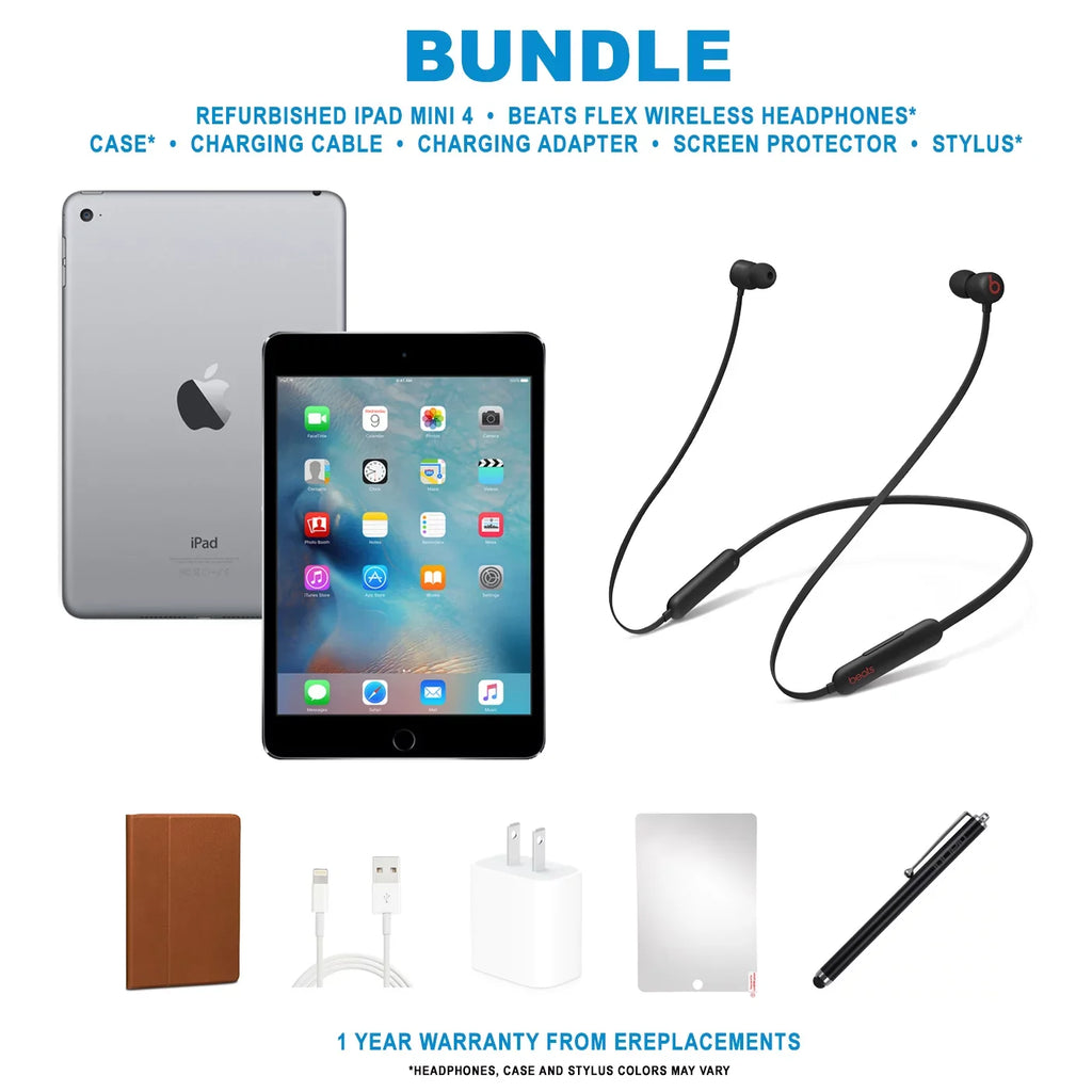 Restored Apple Mini 4 (2015), 7.9" screen, 128GB, Space Gray, Wi-Fi, Beats Flex, Case, Tempered Glass, Stylus Pen, Charging Accessories.