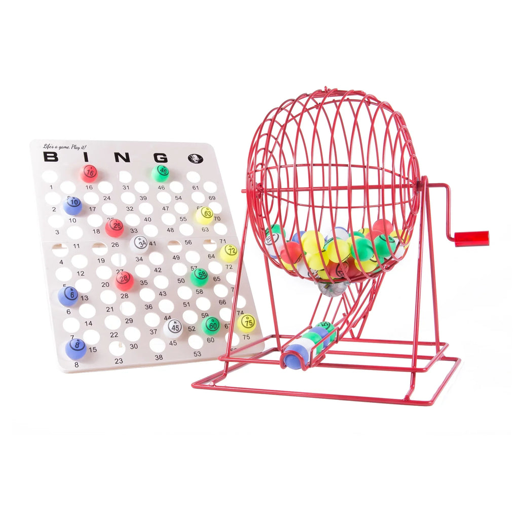 MR CHIPS Professional Bingo Game Set with Extra Large Bingo Cage (19” High), Single Sided Ping Pong Bingo Balls and Master Bingo Board – Red Cage with Acrylic Handle