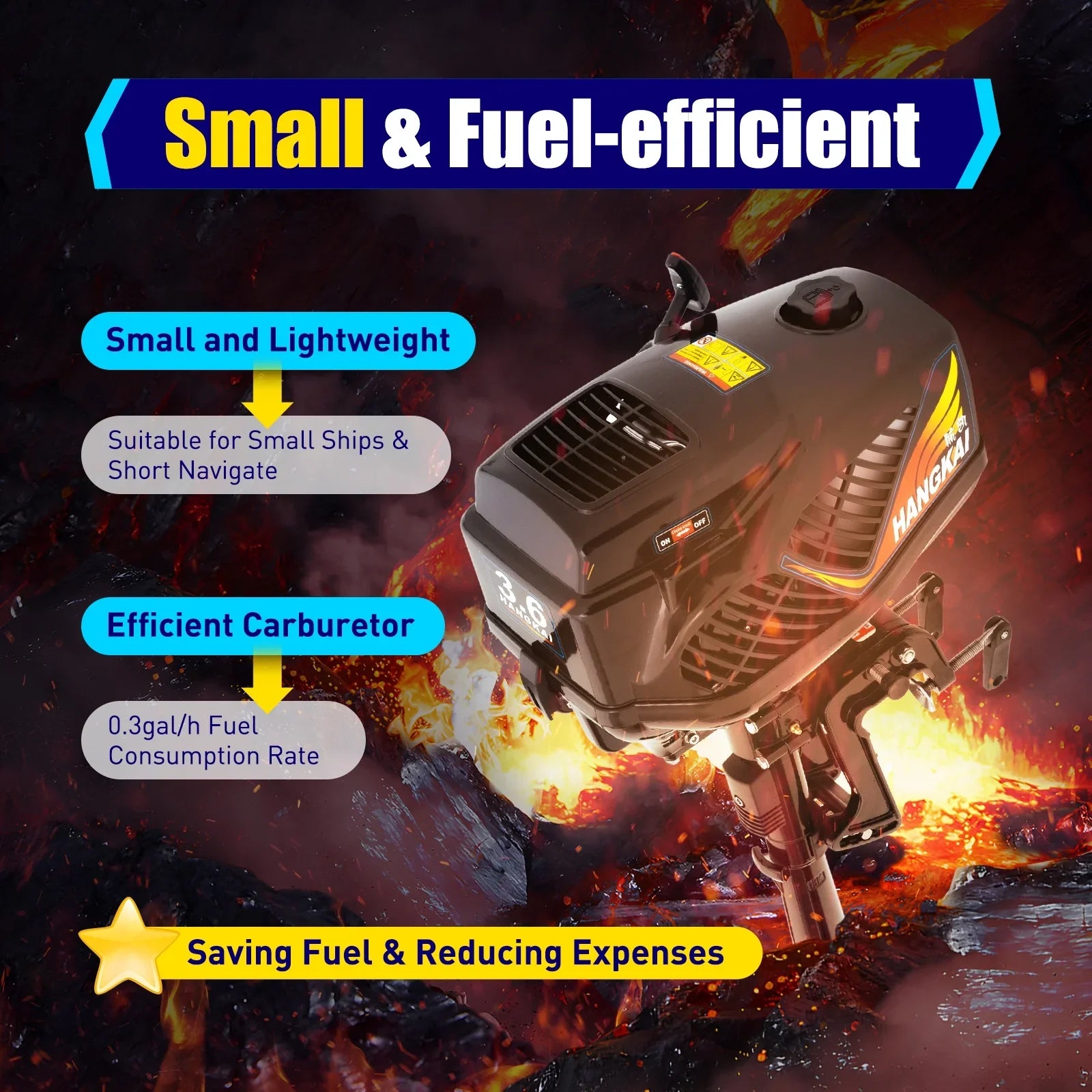 2 Stroke 3.6 HP Gasoline Outboard Motor, 55cc Fishing Ship Engine with Water Cooling System Clutch Control Black