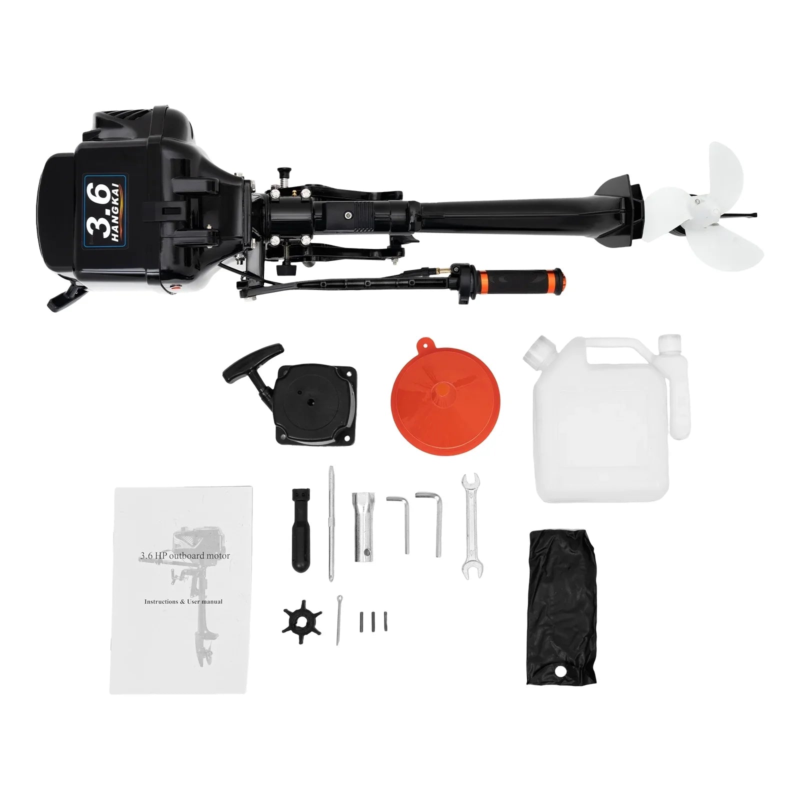 2 Stroke 3.6 HP Gasoline Outboard Motor, 55cc Fishing Ship Engine with Water Cooling System Clutch Control Black