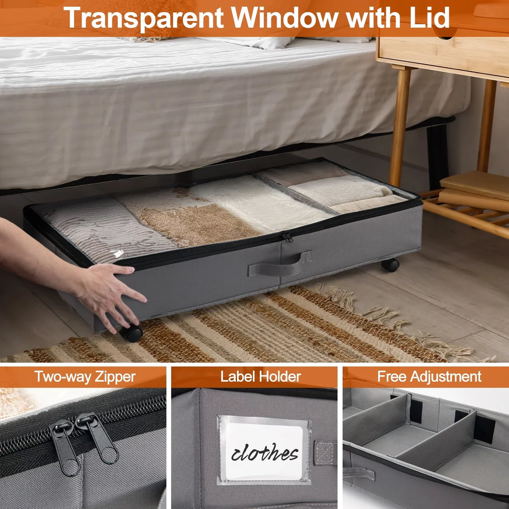 Extra Large Under Bed Storage with Wheels, 2 Pack Rigidity 42L Under Bed Storage Containers, Oxford Fabric Underbed Storage with Lid for Clothes Blankets and Shoe Organizer Drawer in Gray