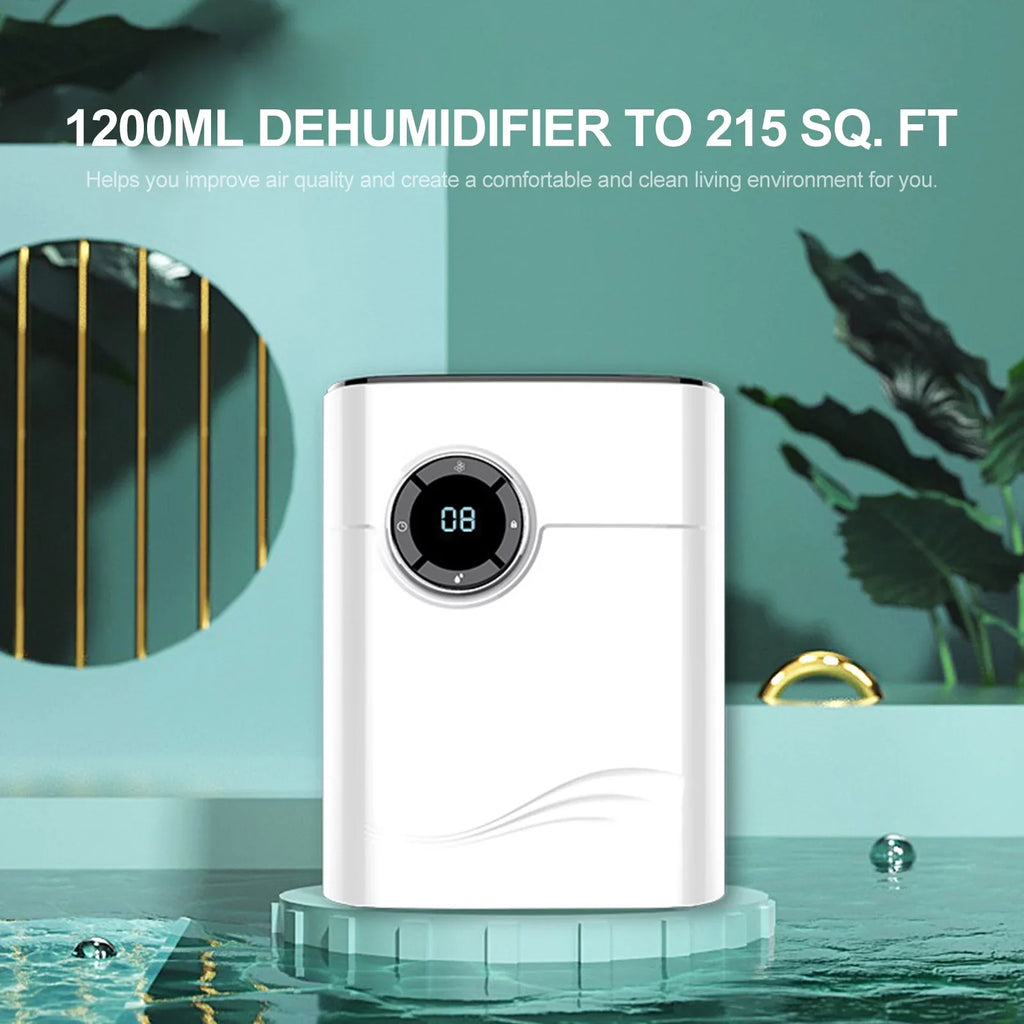 Portable 1200mL Dehumidifier for up to 215 Sq. Ft - Auto-Off, Humidity Control, Optimal for Home, Basements, Bedrooms, Garages, Wardrobes, RVs