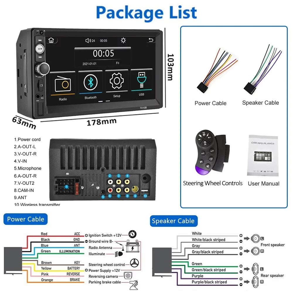 Podofo Double 2 Din 7'' Universal Car Stereo Radio Apple Carplay Android Auto Mirror Link HD Touch Screen Car Audio Multimedia Player MP3 MP5 Bluetooth FM USB(Rear Camera Not Included)