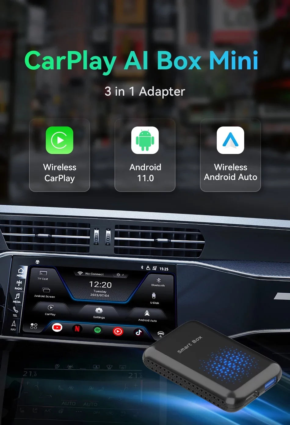 Biniz Carplay AI Box Android 11, Wireless Android Auto Multimedia Video Box with Netflix YouTube HDMI Output，8 Core, 2+16G Magic Box Carplay Support 4G SIM/TF Card,for Cars with Factory Wired Carplay