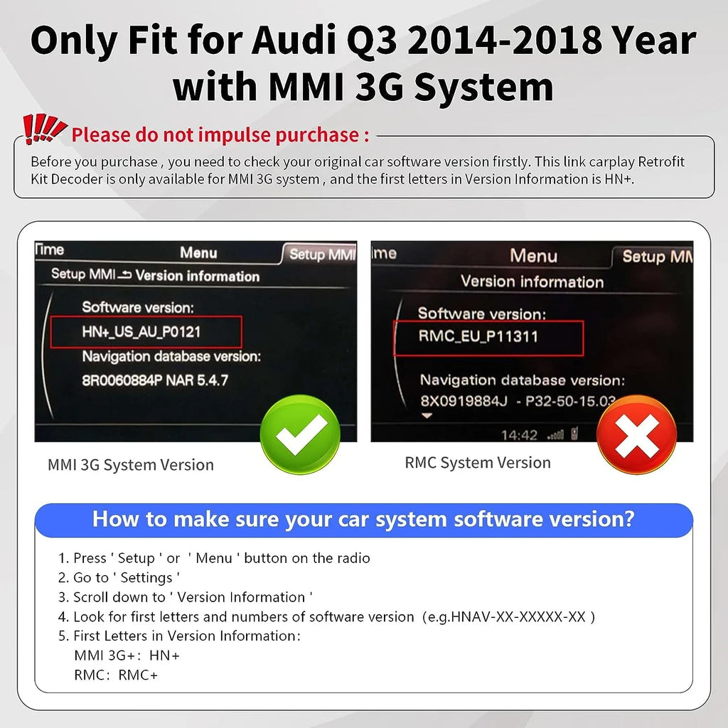 Road Top Wireless Carplay Android Auto Module for Audi Q3 2014-2018 Year with MMI 3G, (HN+ Car Software Version), Carplay Retrofit Kit Decoder, Support Mirrorlink, Camera