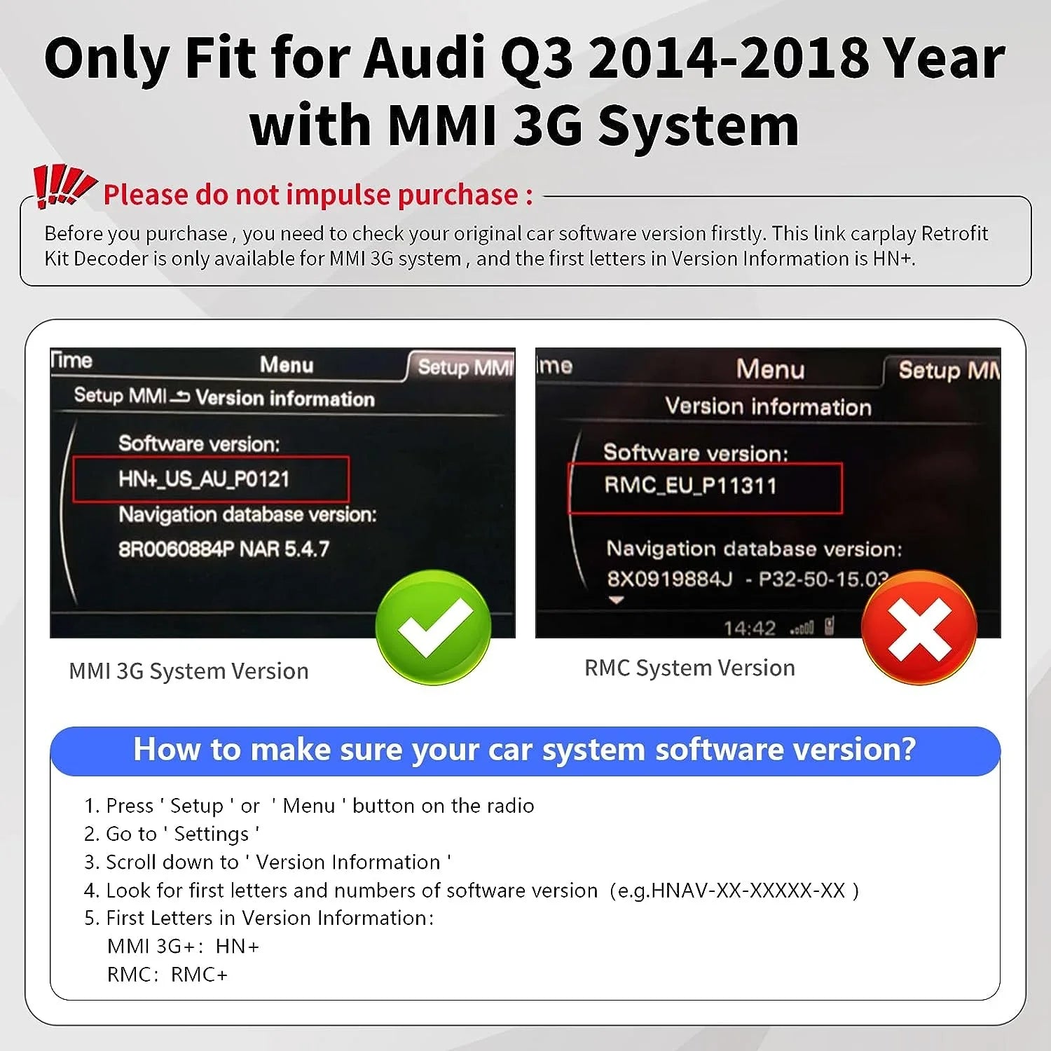 Road Top Wireless Carplay Android Auto Module for Audi Q3 2014-2018 Year with MMI 3G, (HN+ Car Software Version), Carplay Retrofit Kit Decoder, Support Mirrorlink, Camera
