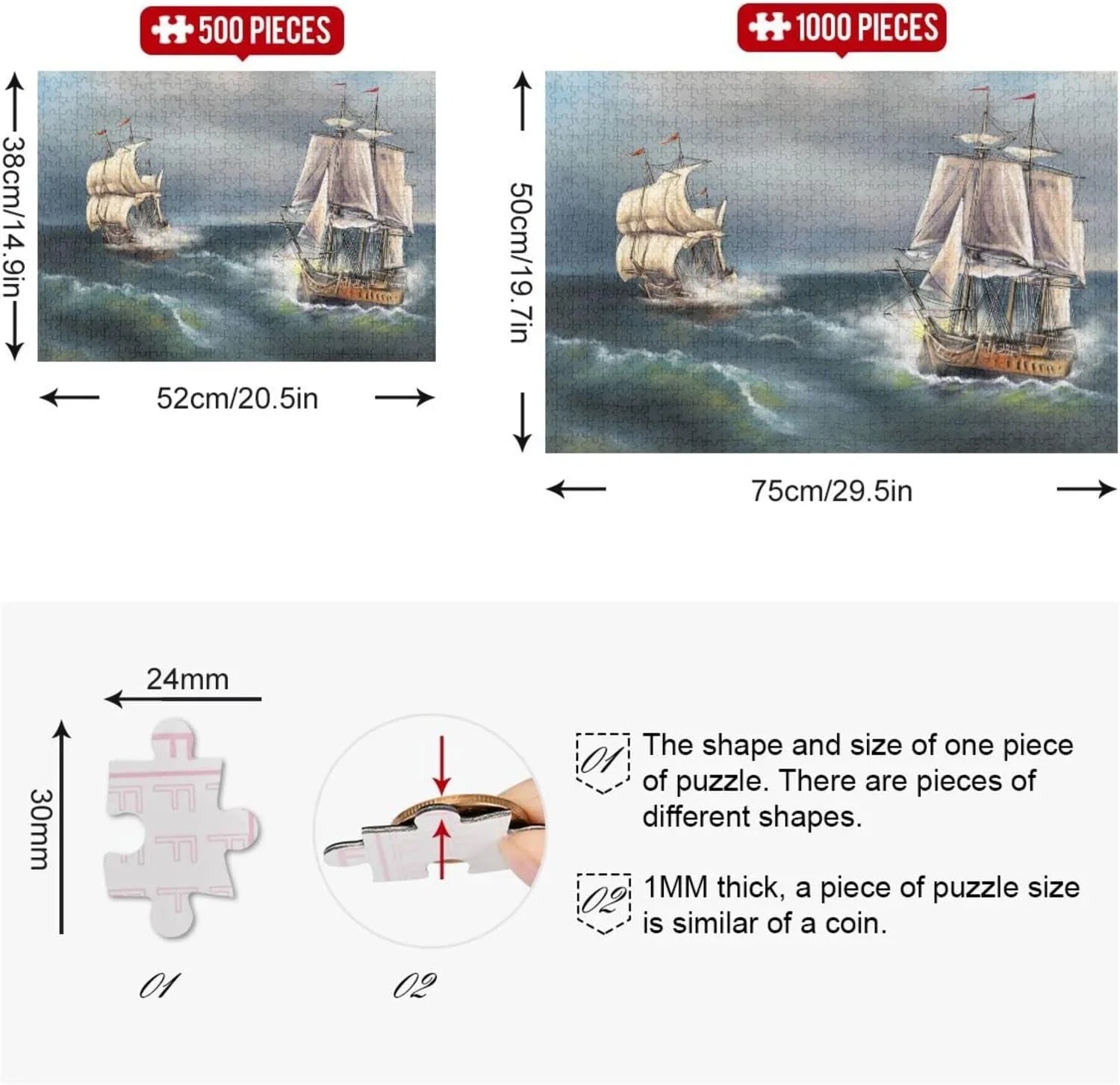 SKYSONIC Oil Paintings Sea Landscape Ship 500 Pcs of Irregular Puzzle in a Box, Printed with Colored Letters on Back to Reduce Difficulty, a Happy Time of Cooperation