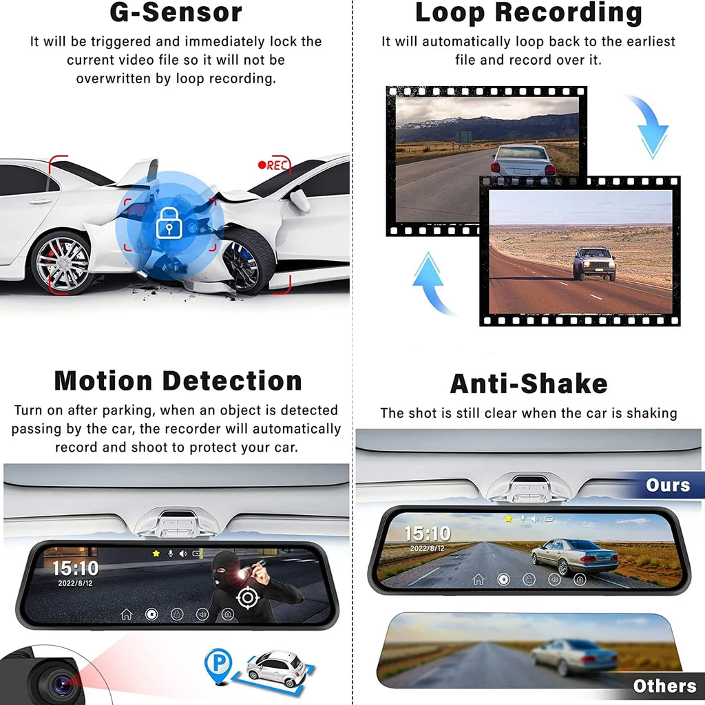 Erago Rear View Mirror Camera, Dash Cam Front and Rear Full Touch Screen FHD 1080p for Car , Waterproof Backup WDR Camera, Night Vision, G-Sensor, Parking Moniter