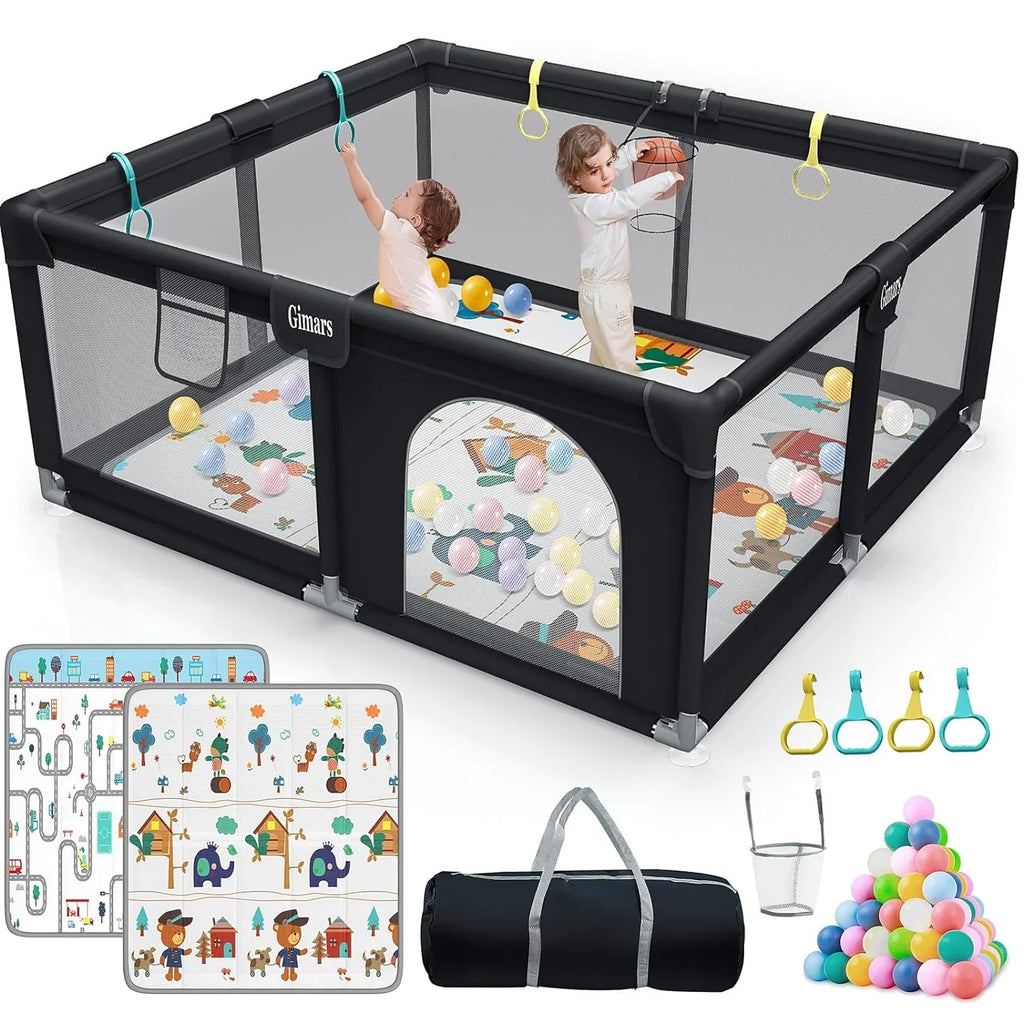 Upgraded 320D Washable Baby Playpen with Padding Mat, 6in1 Large Playpen for Toddlers, Sturdy & Safe Playpen with Padded Cotton Top Rod for Protecting Babies, Baby Play Yard with Zipper Gate