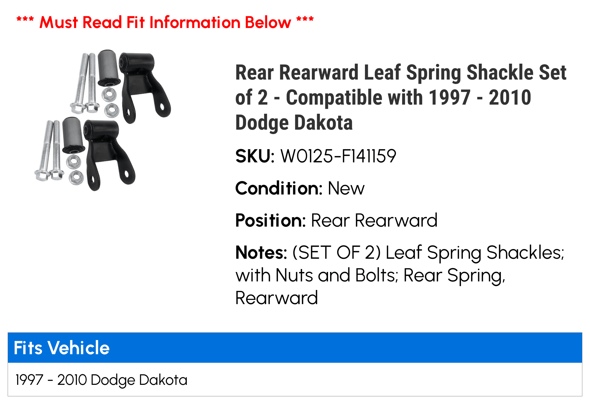 Rear Rearward Leaf Spring Shackle Set of 2 - Fitting with 1997 - 2010 Dodge Dakota 1998 1999 2000 2001 2002 2003 2004 2005 2006 2007 2008 2009