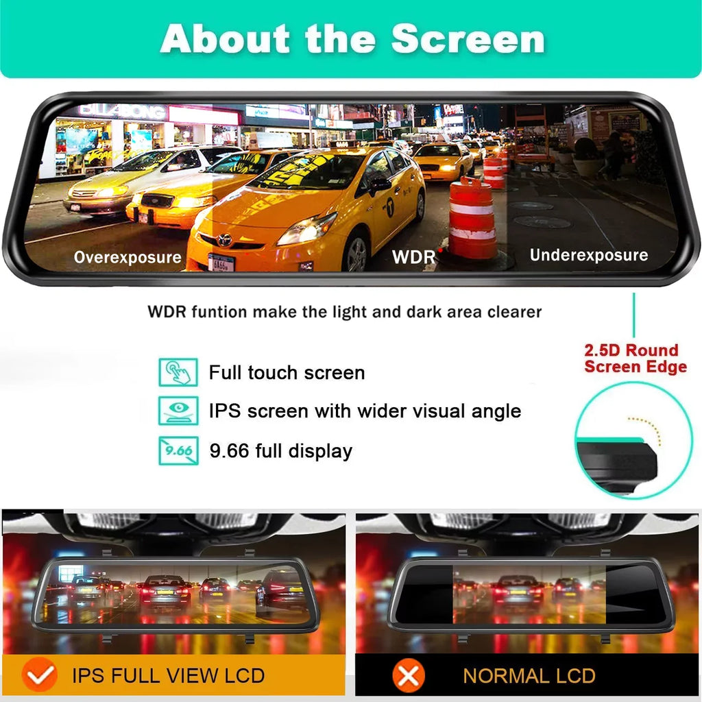 Erago Rear View Mirror Camera, Dash Cam Front and Rear Full Touch Screen FHD 1080p for Car , Waterproof Backup WDR Camera, Night Vision, G-Sensor, Parking Moniter