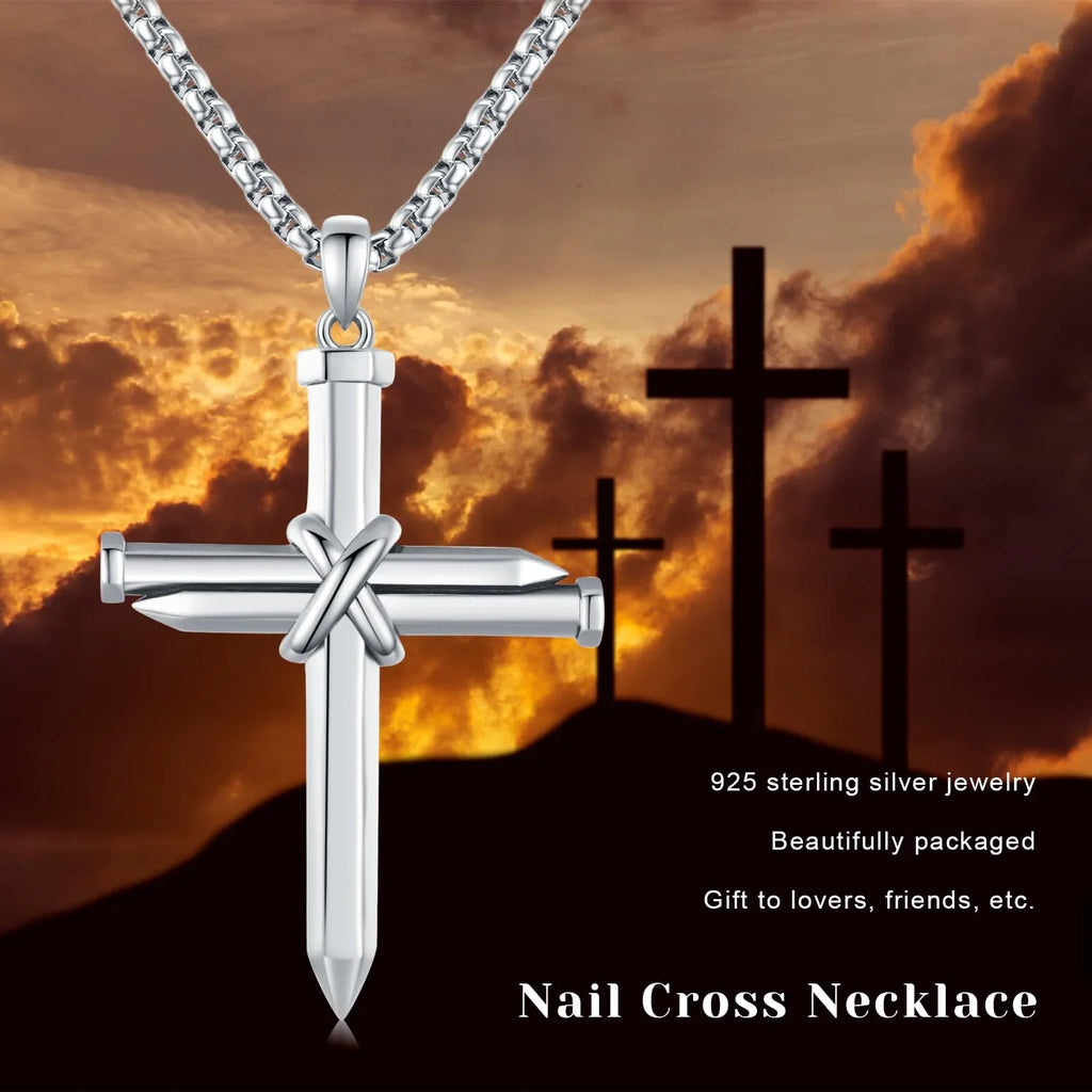 Midir&Etain Cross Necklace for Men Boys 925 Sterling Silver Nail Cross Pendant Necklace Solid Cross Charm Christian Jewelry Religious Graduation Gifts
