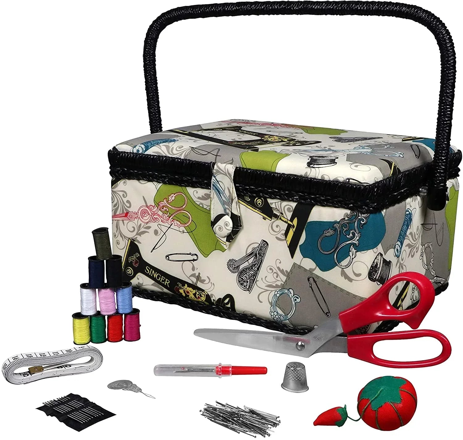 SINGER QuiltPro Sewing Basket Kit, Vintage Print, 127 Pieces