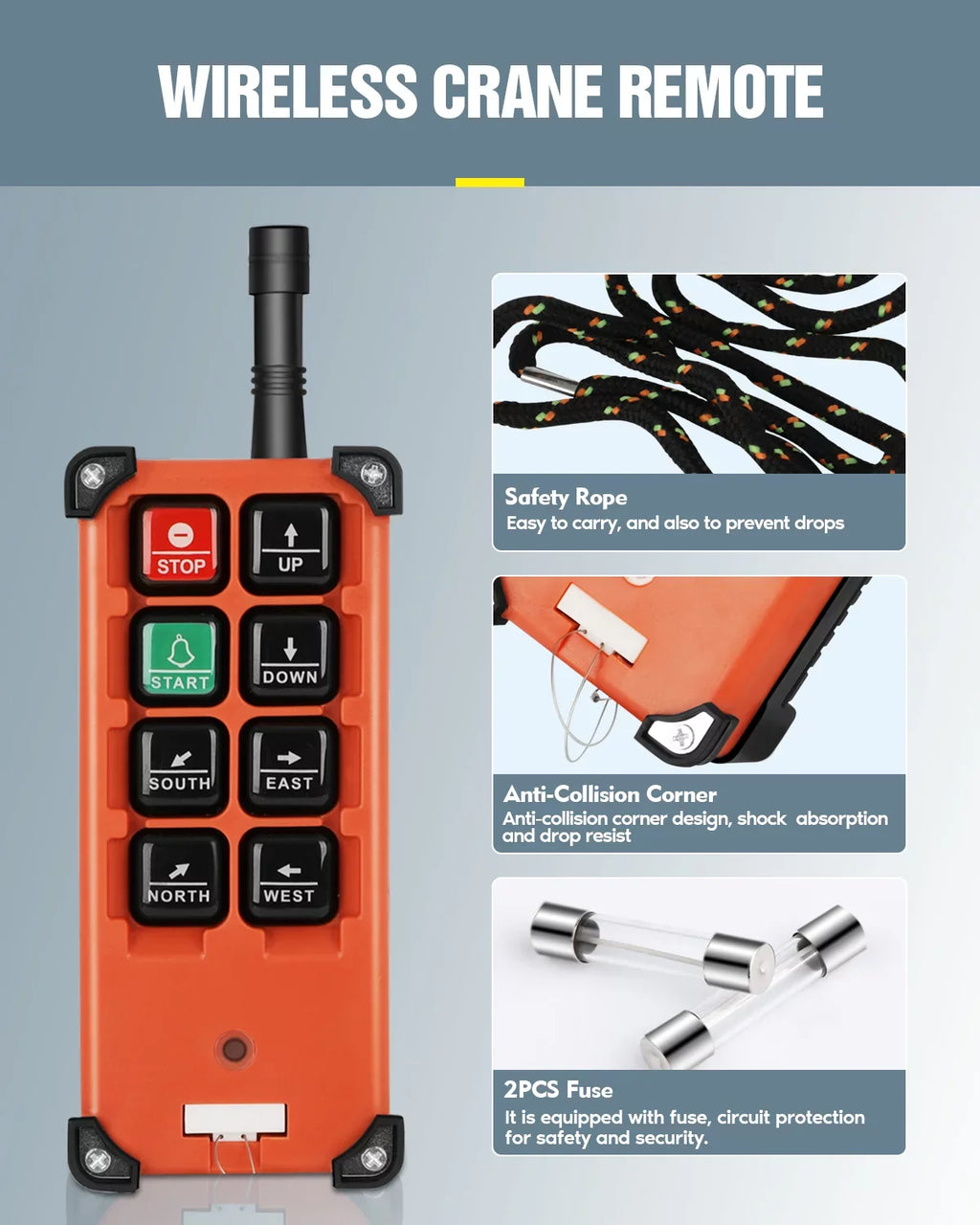 Crane Wireless Remote Control Switch DC 12V 8 Buttons Industrial Electric Lift Hoist Radio Crane Overhead Tower Bridge Crane Winch 2 Transmitter + 1 Receiver