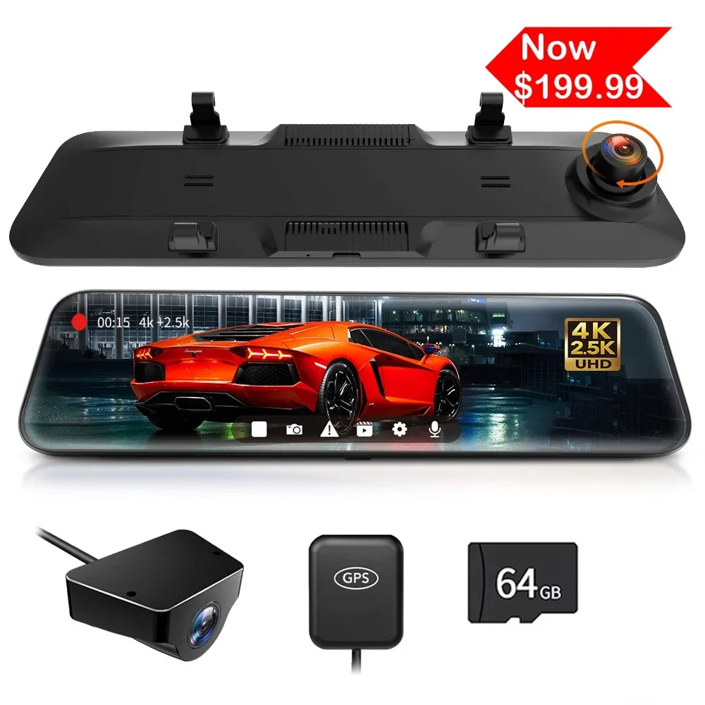 WOLFBOX 12" Rear View Mirror Dash Cam, 4K Mirror Dash Cam Front and 2.5K Rear Camera, Rearview Dash Camera for Car with WDR, Night Vision, Free 64GB Card & GPS