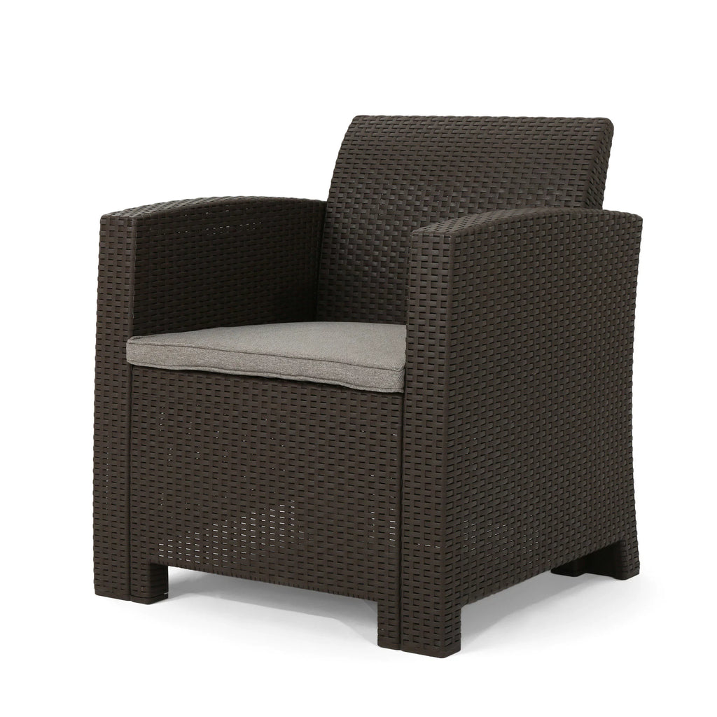 Ollie Outdoor 4-Seater Wicker Club Chat Chair Set with Fire Pit, Brown and Mixed Beige