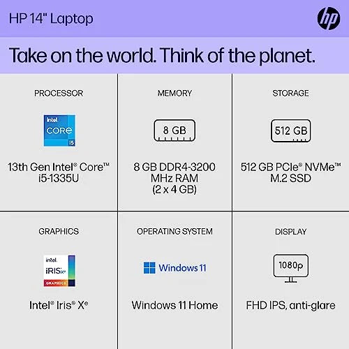 HP 14 inch Laptop, FHD Display, 13th Generation Core i5-1335U, 8 GB RAM, 512 GB SSD, Iris Xe Graphics, Windows 11 Home, 14-ee0010nr (2023)