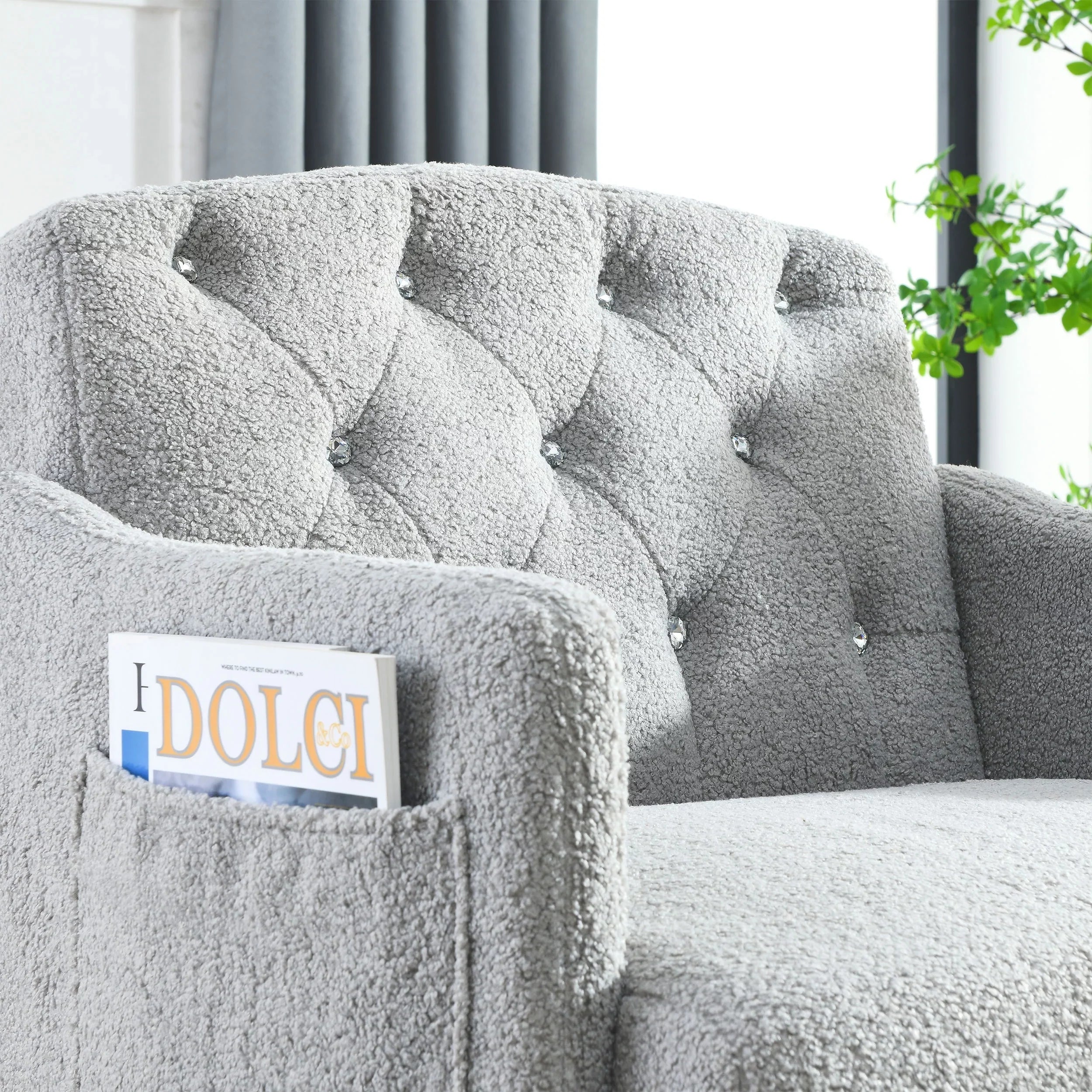 30 "W Modern Chesterfield Tufted Upholstered Chair with Deep Buttons, Living Room Chair, Comfortable Armchair, Gold Hardware Legs, Tufted Chair for Reading or Relaxing, GREY TEDDY