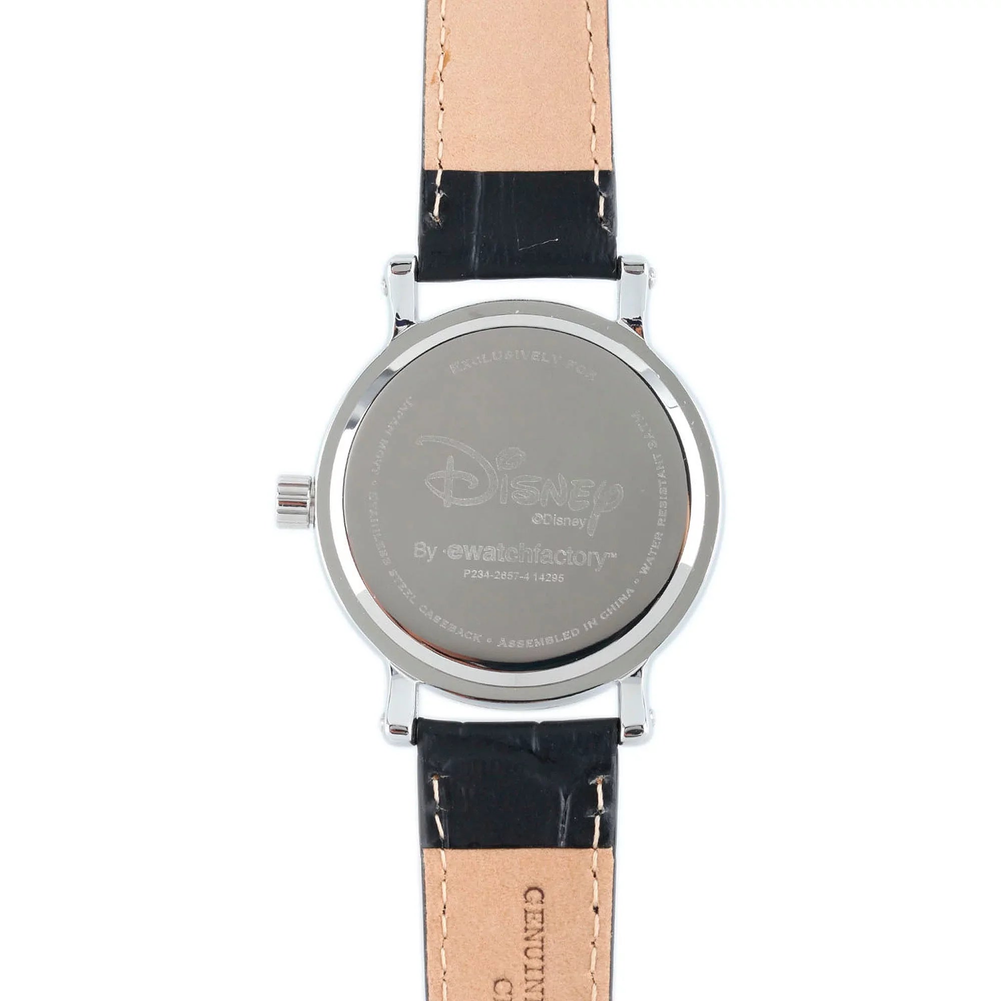 Minnie Mouse Women's Shinny Silver Vintage Articulating Alloy Case Watch, Black Leather Strap