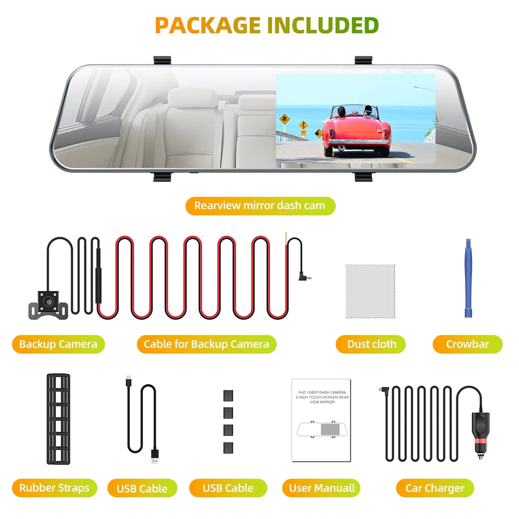 TOGUARD Mirror Dash Cam for Cars, 1080P HD Rear View Mirror Camera, 5'' IPS Full Touch Screen Front and Rear Dual Dash Camera with G-Sensor, Parking Monitor, Loop Recording, Parking Assistant