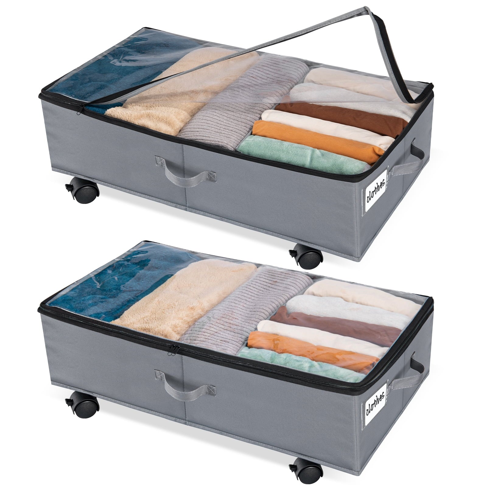 Extra Large Under Bed Storage with Wheels, 2 Pack Rigidity 42L Under Bed Storage Containers, Oxford Fabric Underbed Storage with Lid for Clothes Blankets and Shoe Organizer Drawer in Gray