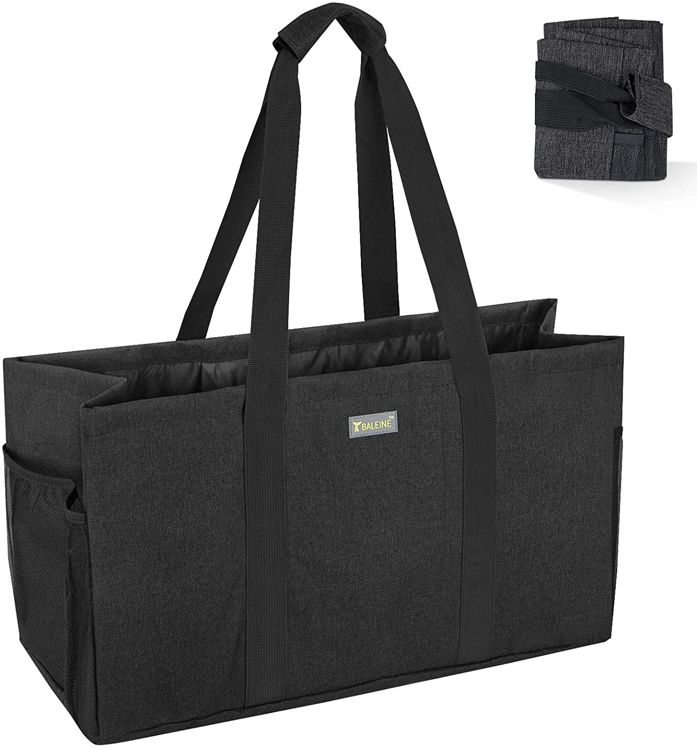 BALEINE Reusable SOFT Utility Tote with Reinforced Handles, Eco Friendly Collapsible Foldable & Washable Grocery Storage Bag, Extra Storage For Phone & Keys with Inner & Side Pockets (Black)